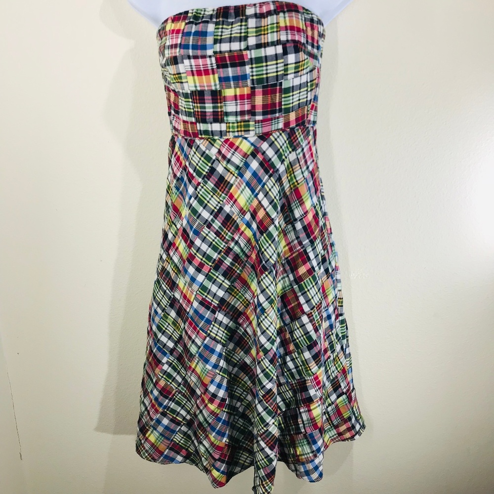 SOLD J. Crew Plaid Strapless Dress Size 8P - Picture 1 of 4